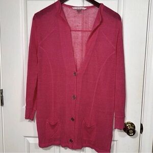 Peter Nygard Pink Linen Viscose Cardigan Sweater XL V-Neck Long Sleeve Pockets